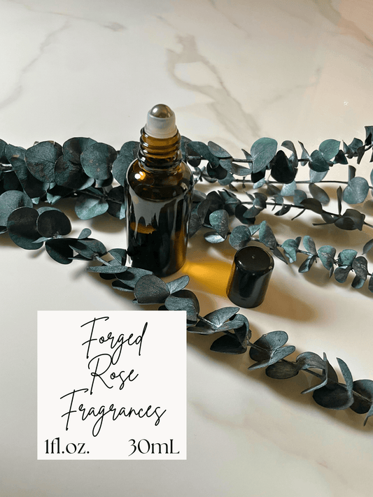 Forged Rose Fragrances rollerball bottle with eucalyptus